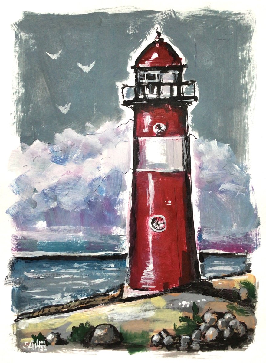 Lighthouse painting original art, landscape hand made acrylic drawing, paper. by Ruslan Aksenov