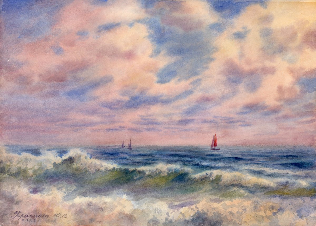 Photorealistic Landscape Watercolour By Yulia Krasnov, 15 X 11", Sea Expanses, Original Artwork