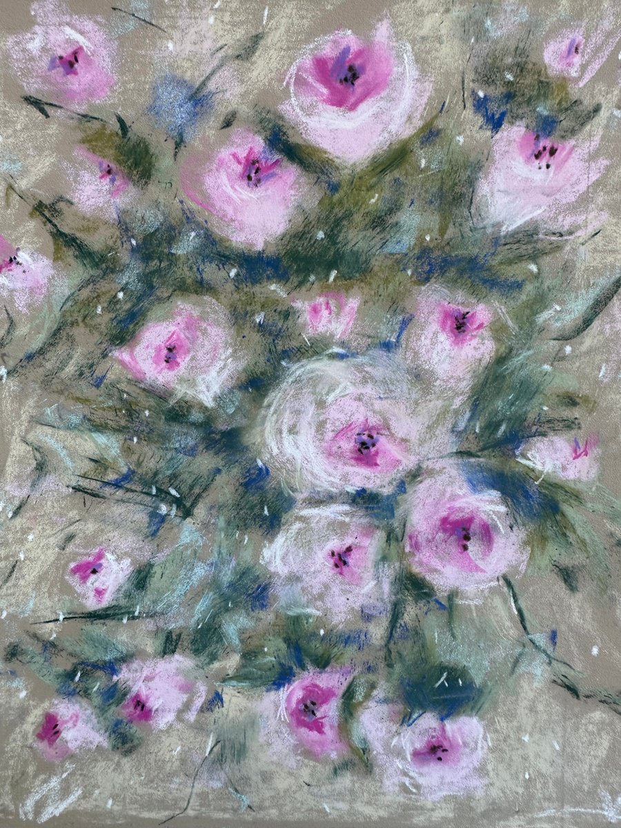 Impressionistic Botanical Pastel Drawing By Irina Anis, 9 X 12, Delicate Pink Roses, Original Artwork
