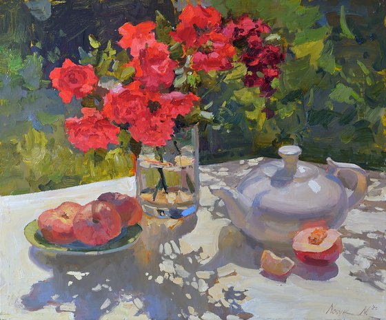 Summer Roses and White Teapot