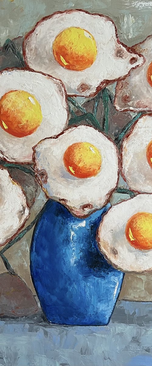 Egg flowers in blue vase by Ta Byrne