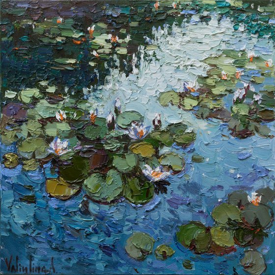 Water lilies  in pond. Original Oil painting