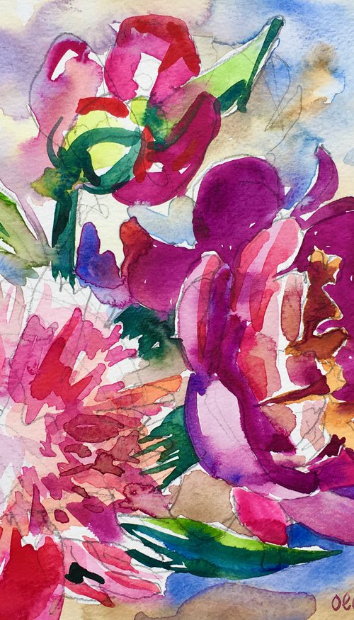 Watercolor sketch - pink and red peonies by Ole Karako