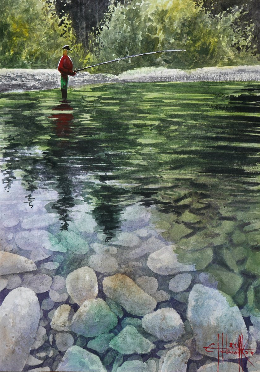 Photorealistic Landscape Watercolour By Eugene Gorbachenko, 12 X 17, Summer Fishing, Original Artwork