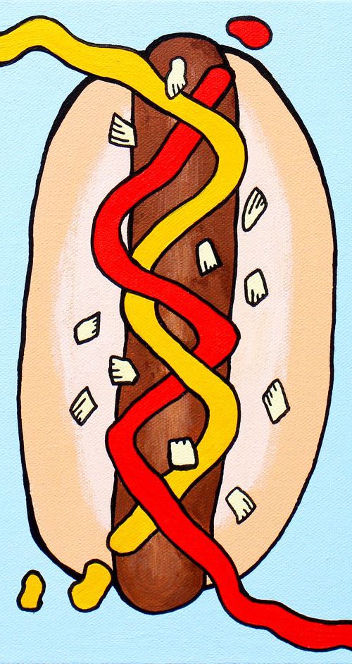 Hot Dog With Tomato Ketchup And Mustard Pop Art Painting On Canvas by Ian Viggars