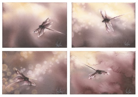 Glimpse IX - Sunset Dragonfly Watercolor Painting