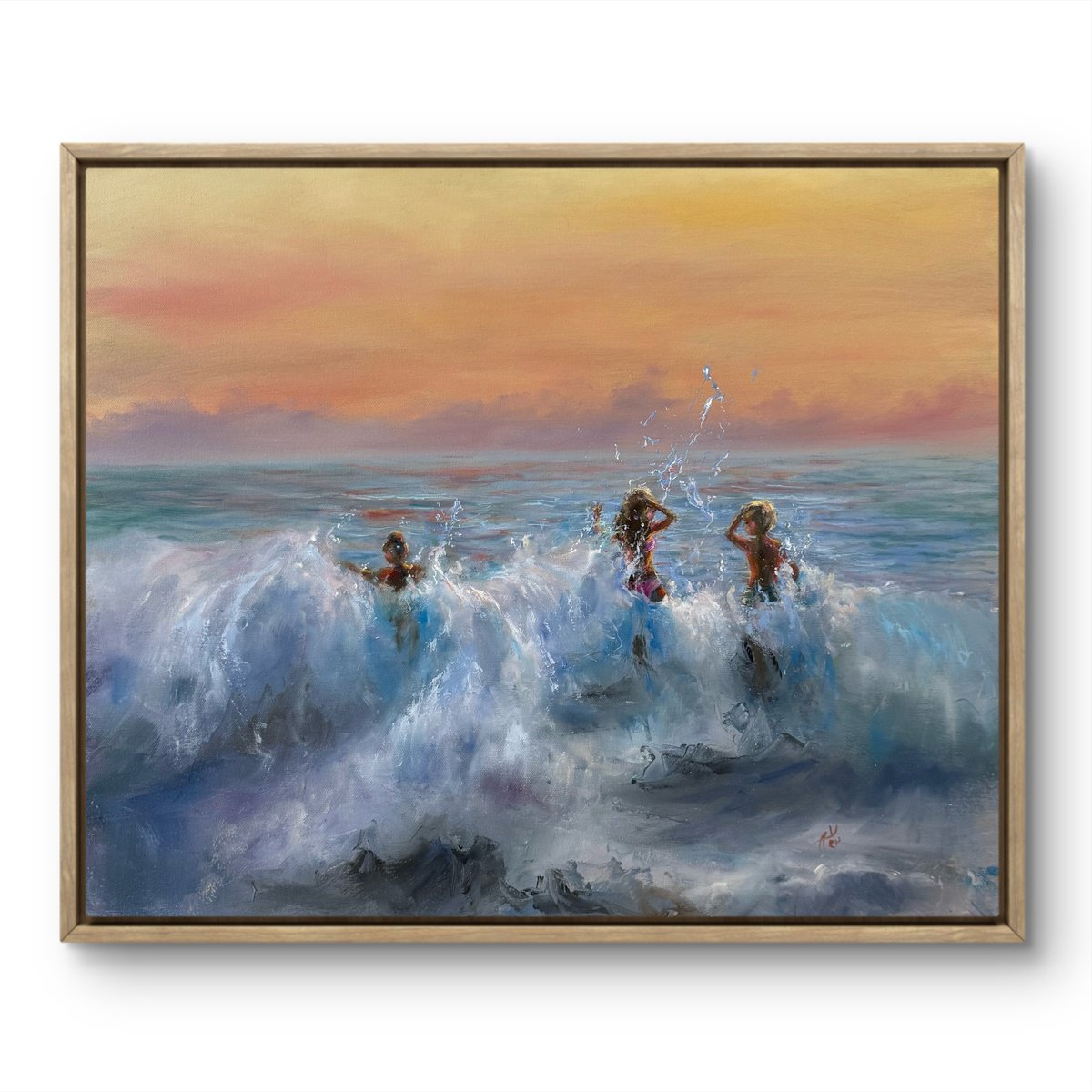 Photorealistic Landscape Oil Painting By Alesia Yeremeyeva, 24 X 20, Jumping Sunset Waves, Original Artwork