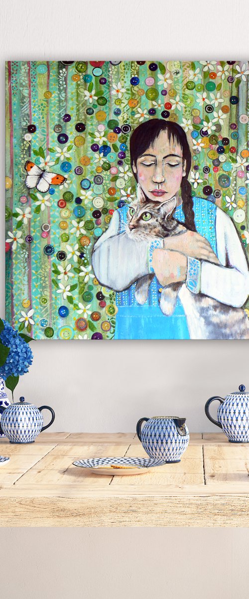 Best friends, buttons and a butterfly (contemporary figurative painting, butterfly, cat, girl) by Carolynne Coulson