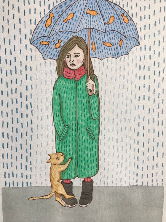 Umbrella & Cat - Mixed-media