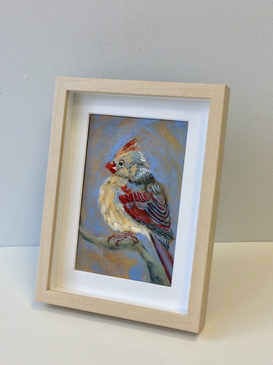 Bird portrait of a cardinal female - Framed shelf painting - Gift idea for bird lover