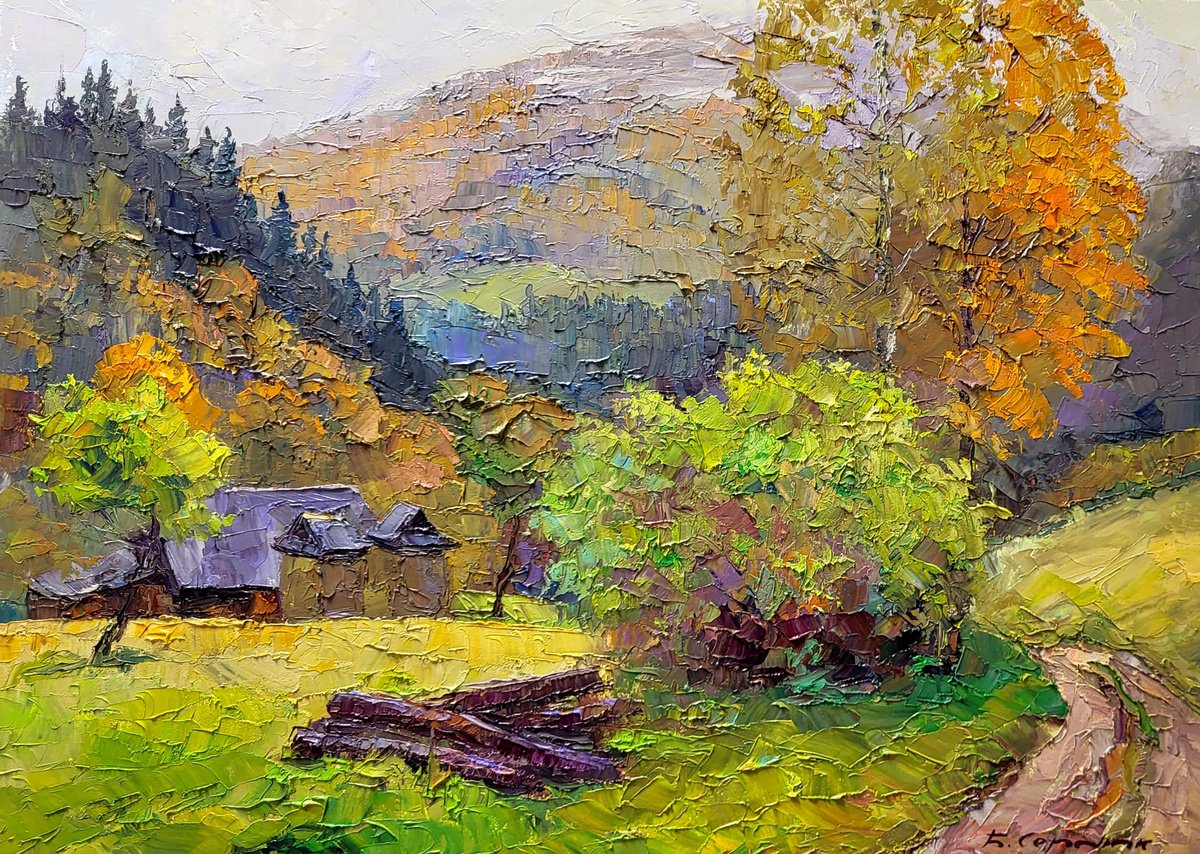 Impressionistic Landscape Oil Painting By Boris Serdyuk, 28 X 20, Carpathian Landscape, Original Artwork
