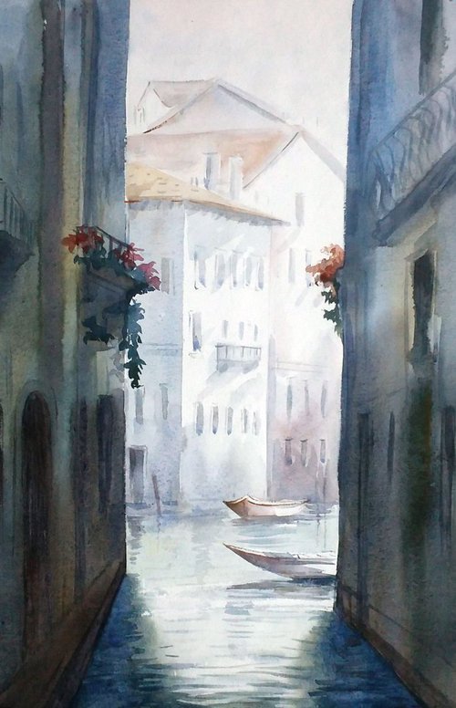 Venice Canals at Early Morning - Watercolor Painting by Samiran Sarkar