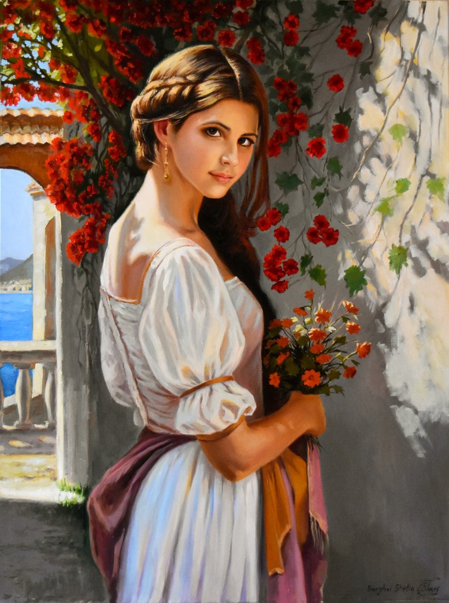 Photorealistic Portrait Oil Painting By Serghei Ghetiu, 24 X 31", The Mediterranean Girl Iii, Original Artwork