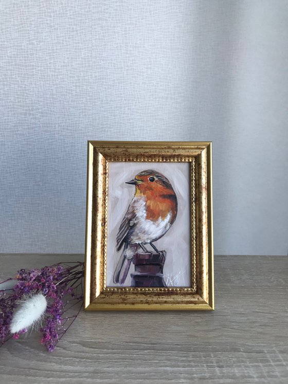 Bird Robin painting mini art framed 8х12cm