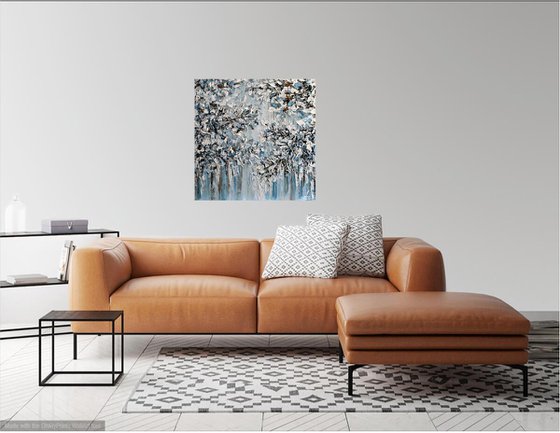 Winter Glow - Textured Abstract Silver, White, Blue Painting, Palette Knife Art