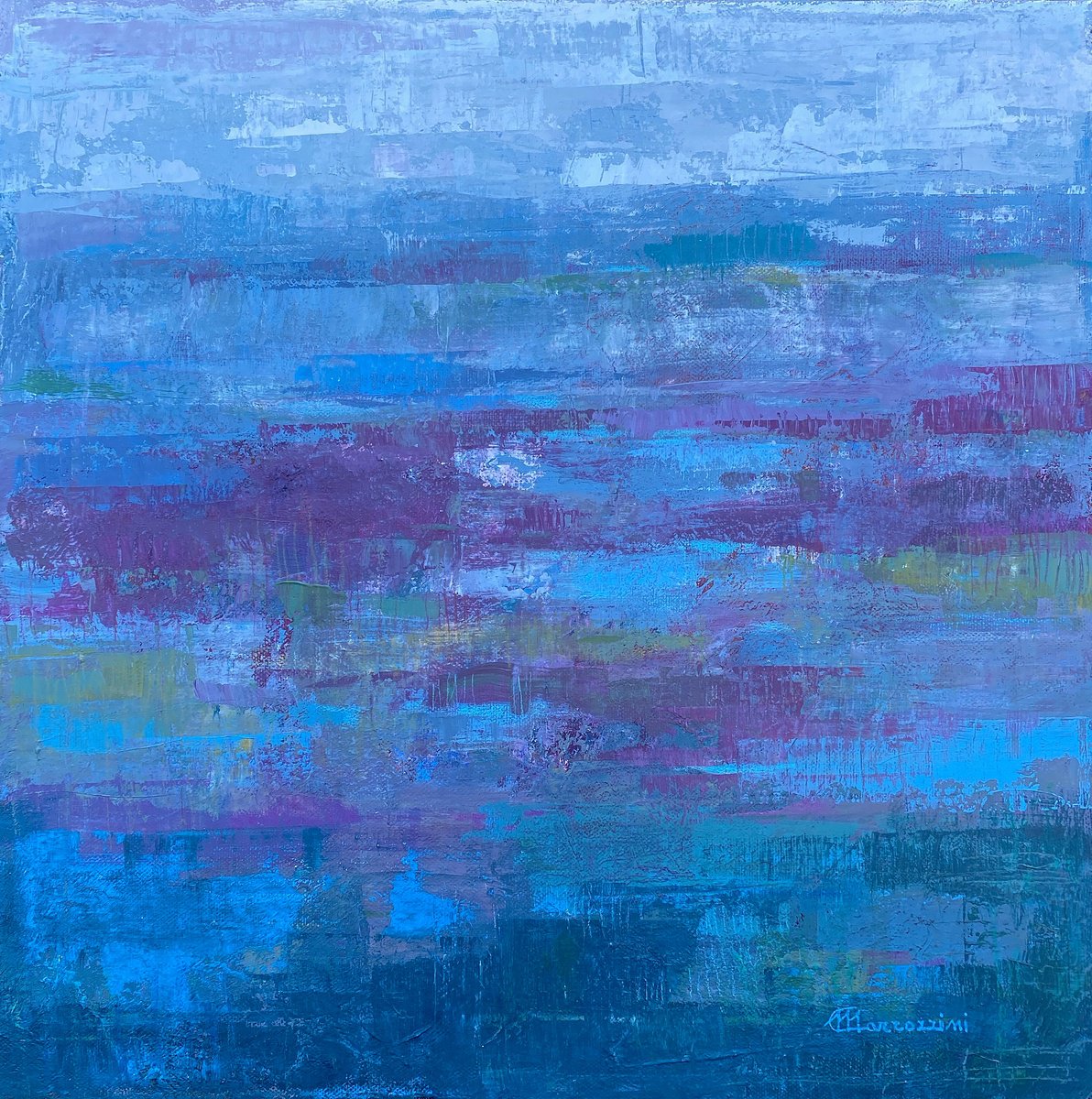 Abstract Landscape Acrylic Painting By Marcello Carrozzini, 16 X 16", Quasi Sera, Original Artwork