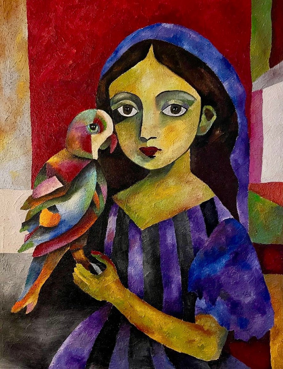 Naive Portrait Oil Painting By Tatiana Fedorovskaya, 39 X 51", Solomeya And Petya, Original Artwork