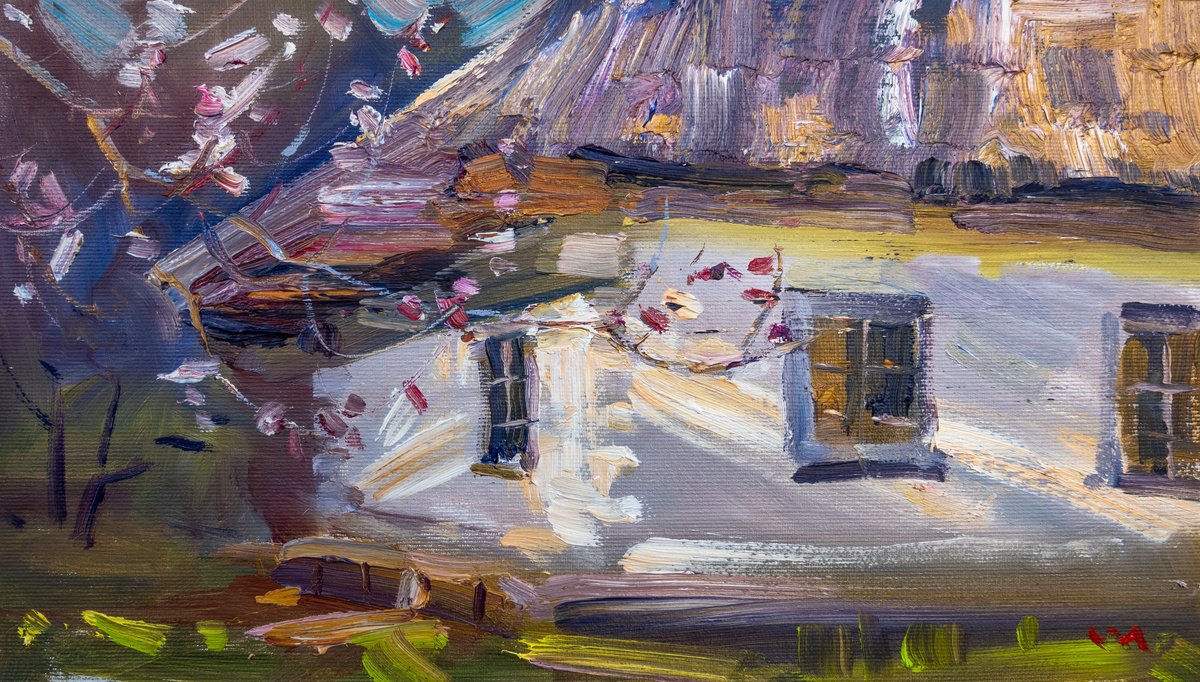 Impressionistic Cityscapes Oil Painting By Vasyl Moldavchuk, 13 X 7", Old Ukrainian Hut. Spring, Original Artwork