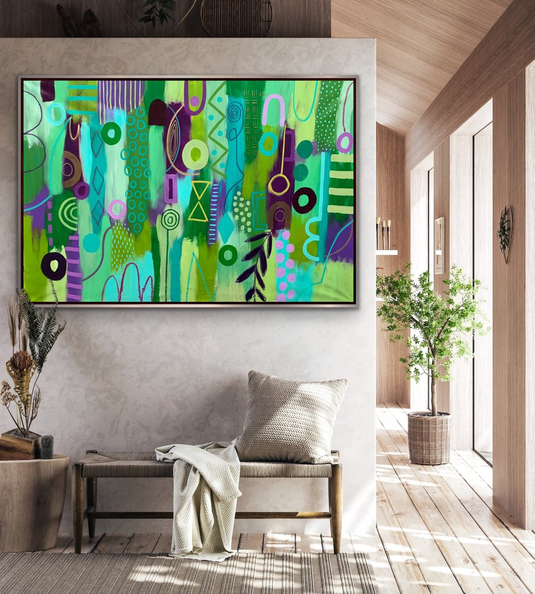 Organic Abstract Acrylic Painting By Rashna Hackett, 54 X 36", The Jade Canopy, Original Artwork