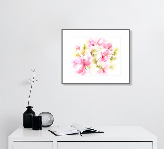 Abstract flowers, soft pink floral bouquet, watercolor