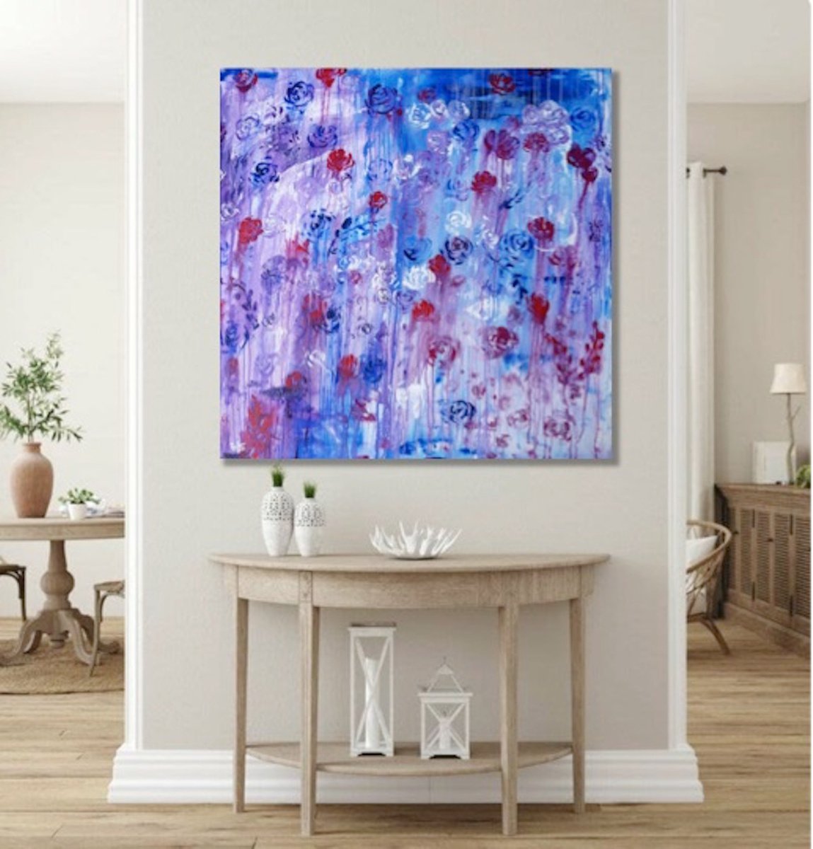 40x40 (100x100cm), The touch of blue roses, Original Abstract Blue Red Art, Blue, Red, W... by Elena Parau