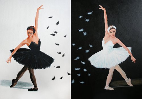 Black and White Swan. Ballet. Diptych /  ORIGINAL PAINTING by Salana Art Gallery