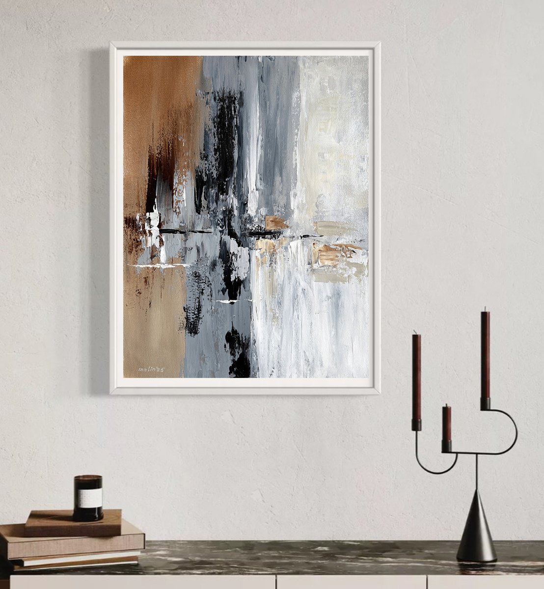 Expressive Abstract Acrylic Painting By Tatiana Malinovscaia, 17 X 21", Sienna Grey Beige Abstract, Original Artwork