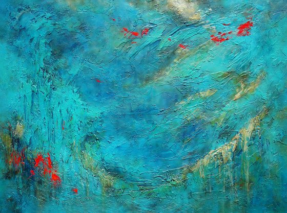 Blue Abstract Seascape Textured Painting Navy, Teal, Red, Silver, Gold. Modern Art with Heavy Texture. Abstract Landscape Contemporary Artwork for Livingroom or Bedroom