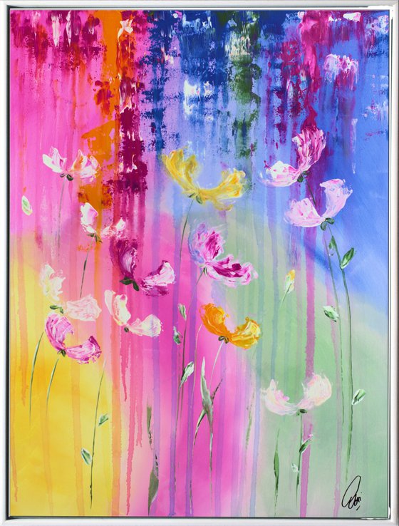 Summer Fun  - abstract flower painting, framed art