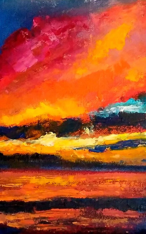 Sunset Oil Painting Original Art Abstract Artwork Landscape Impasto Canvas Wall Art by Yulia Berseneva