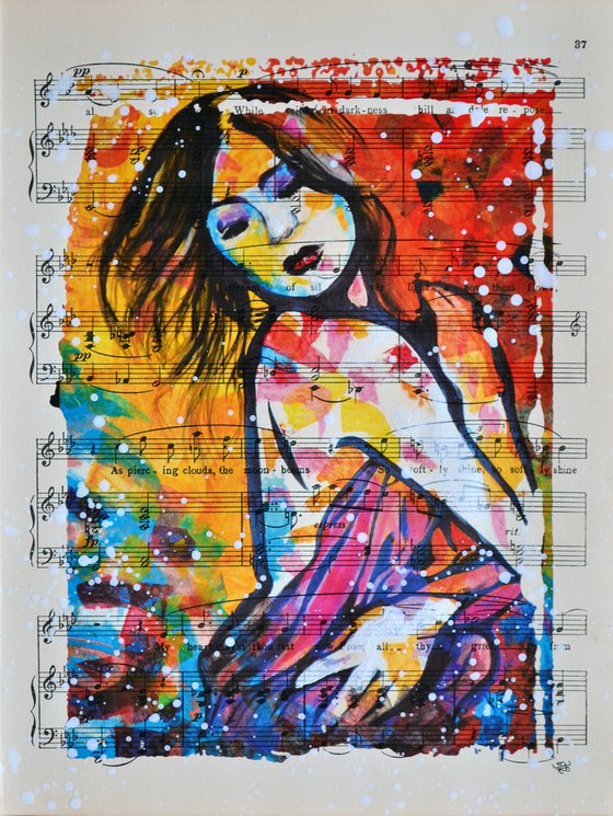 Excited - Collage Art on Vintage Music Sheet Page