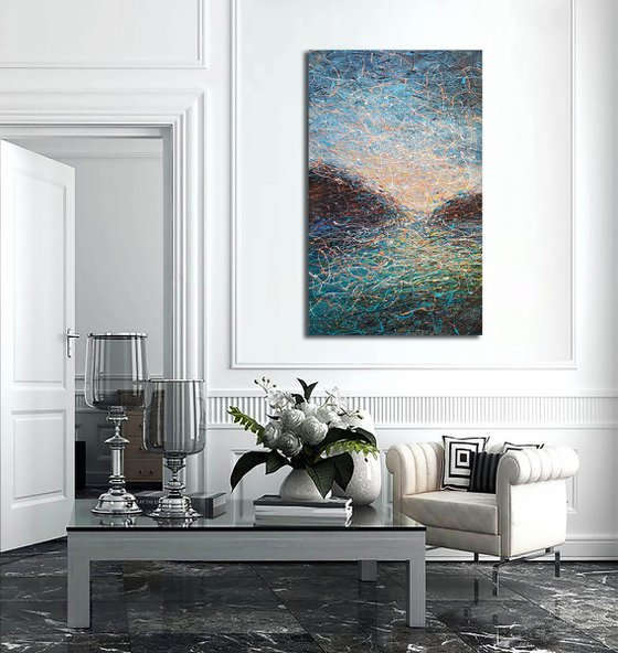 Blue beige Landscape Soft glow in the sky Morning sea painting Brown blue abstract art Monochrome art