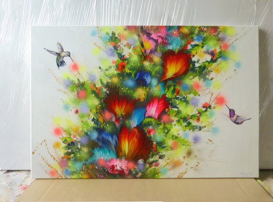 Flowers and Hummingbirds, Large Painting