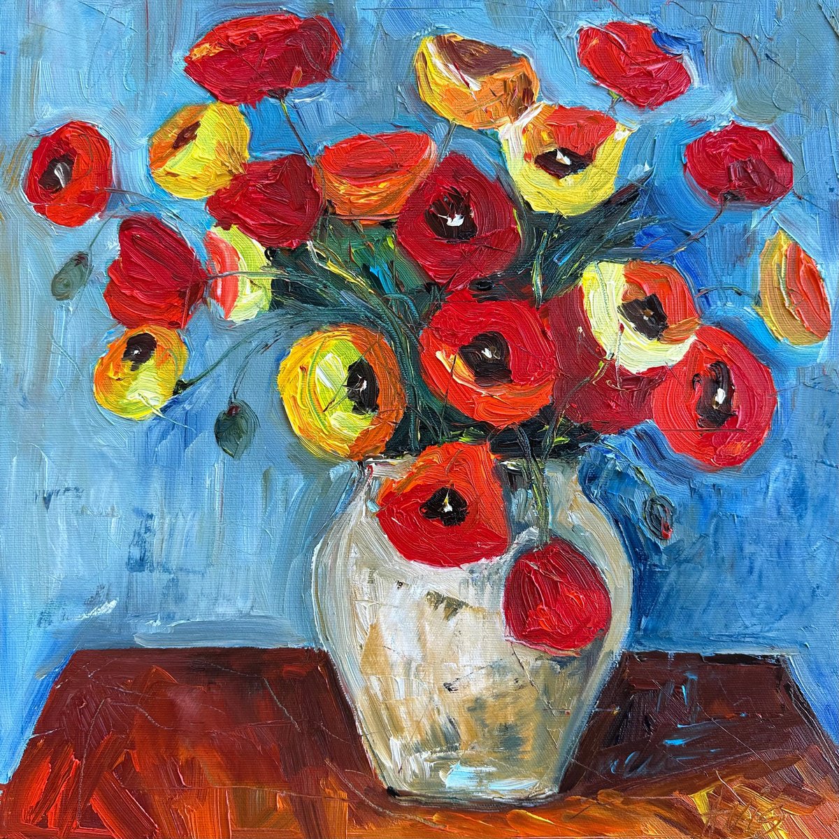 Impressionistic Botanical Oil Painting By Irina Anis, 16 X 16, Vase With Poppy Flowers, Original Artwork
