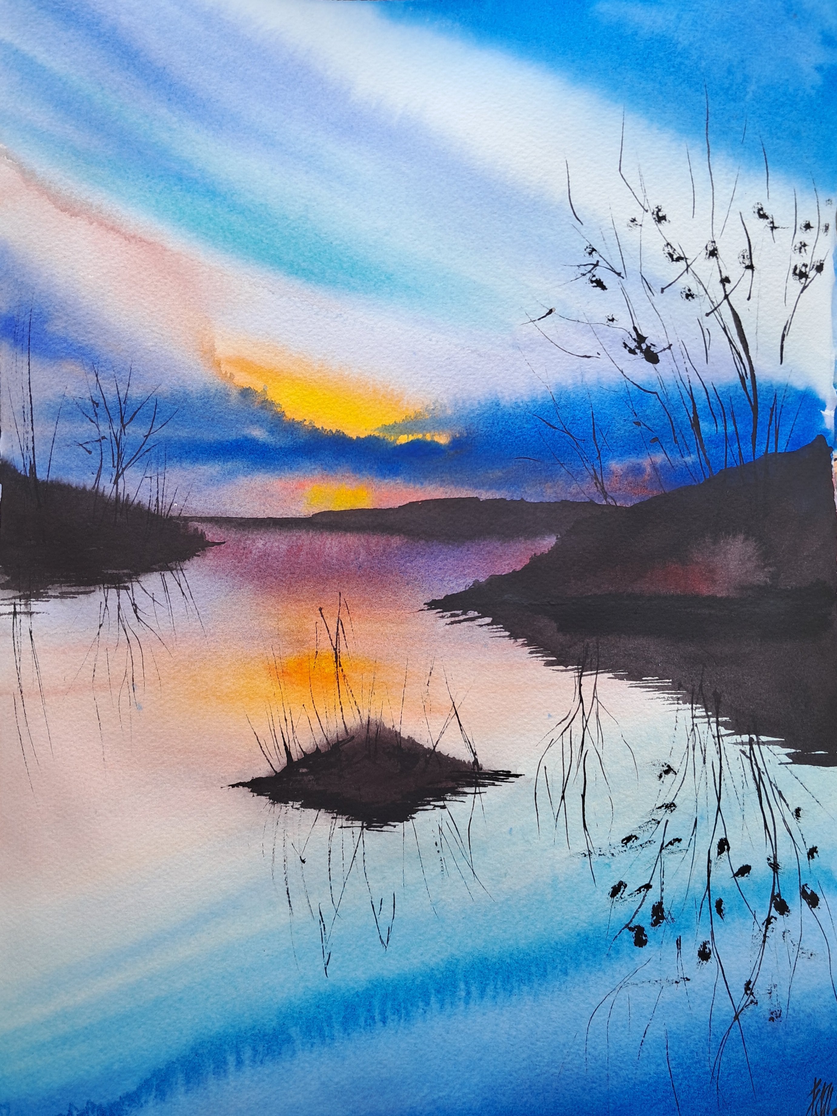 Abstract Watercolour , Abstract Sunset On The Lake By Yuliia Sharapova, 16 X 20, Artwork For Sale On Artfinder