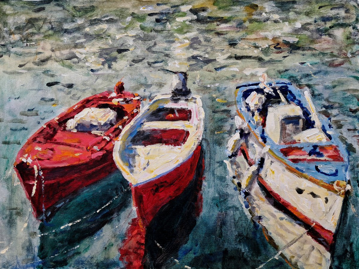  Three Boats By Dimitris Voyiazoglou, 20 X 17, Artwork For Sale On Artfinder