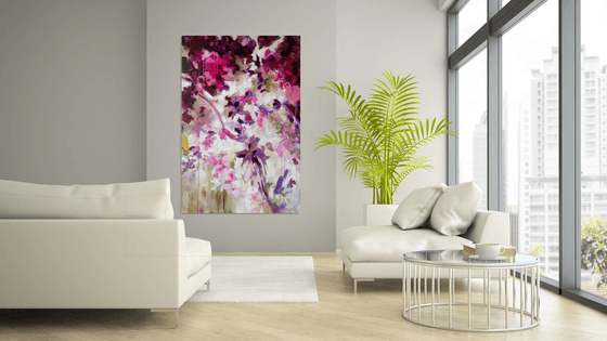 Pink pareidolia garden Modern Floral Contemporary Flowers Painting XL Large UNSTRETCHED - ROLLED IN TRANSPORT TUBE Home decoration Interior design Wall art Hotel Room House deco