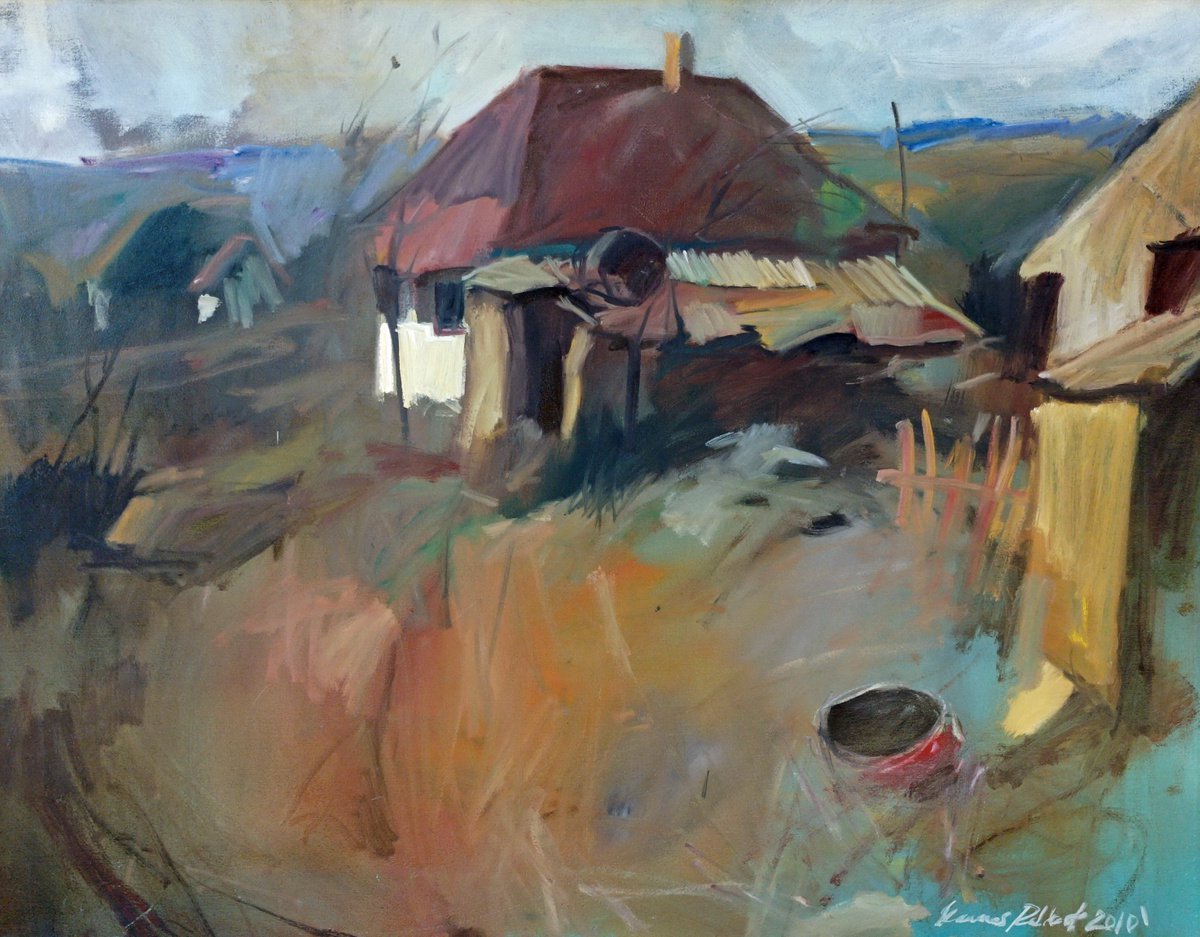 Photorealistic Landscape Oil Painting By Robert Kormos, 38 X 30", Abandoned Countryside, Original Artwork