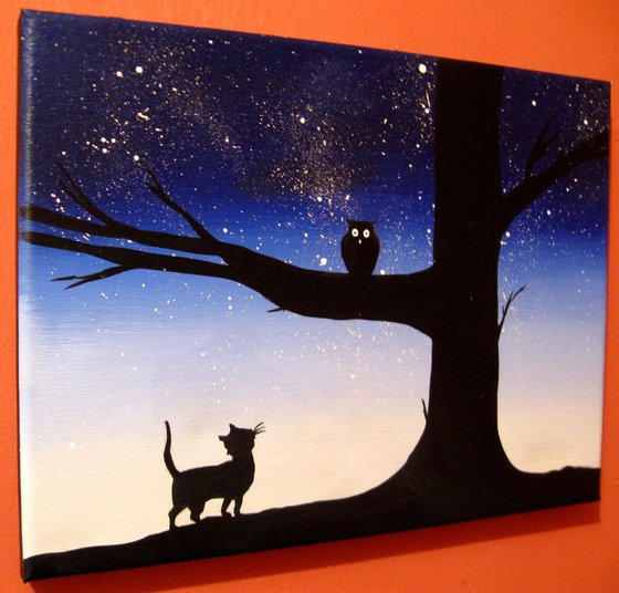 The Owl and the Pussycat original abstract animal art cute kawaii tree animal artwork 3 sizes