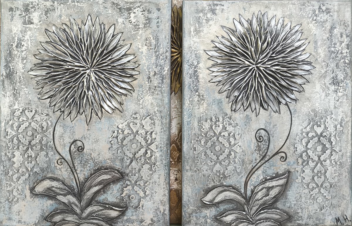 Abstract Botanical Acrylic Painting By Hasmik Mamikonyan, 24 X 16, Grayscale Twins, Original Artwork