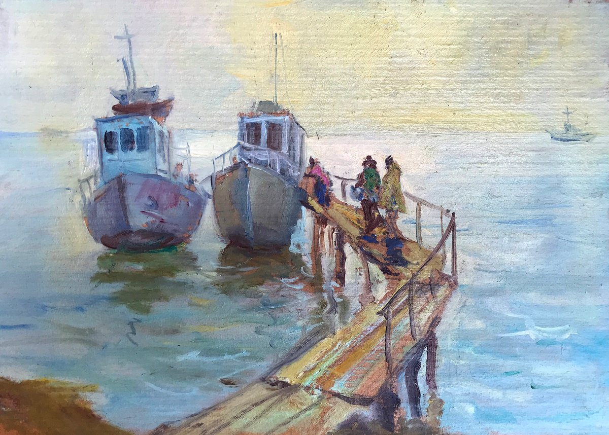Impressionistic Landscape Oil Painting By Viktor Mishurovskiy, 14 X 10", On The Pier, Original Artwork