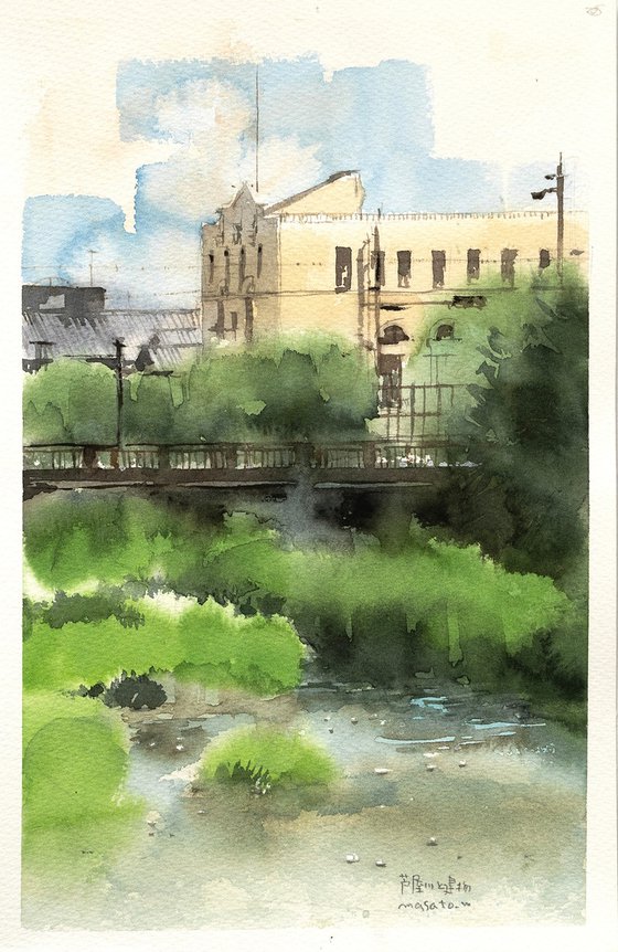 Ashiya River and Building - 20x30cm Sketch