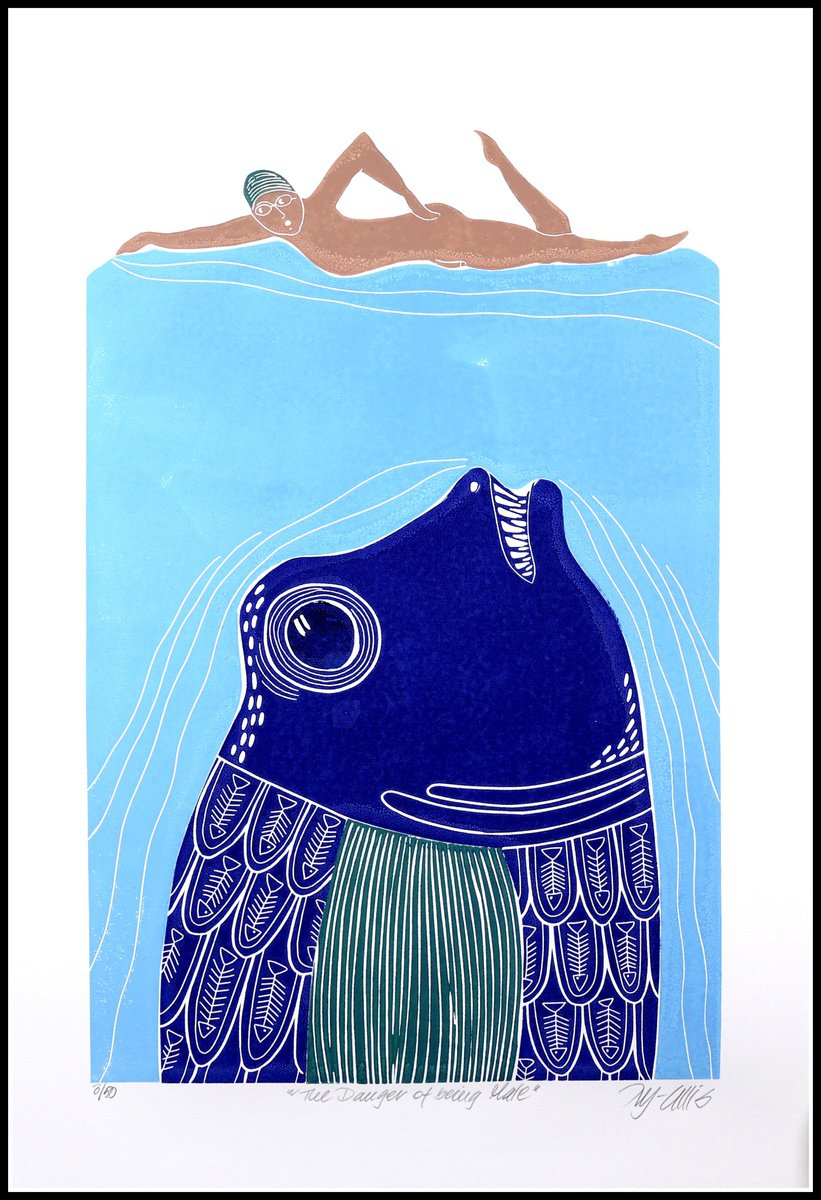 Illustrative Landscape Linocut By Mariann Johansen-Ellis, 18 X 25", The Danger Of Being Male, Original Artwork