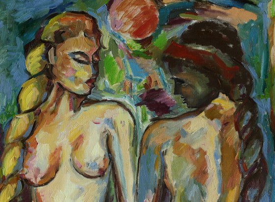 ONE SUN FOR TWO - Gemini zodiac sign- large nude art, original oil painting, two girls nudes, figurative, love, lovers, sun, erotic, erotism, office interior home decore  180x120