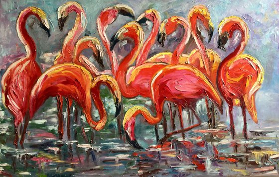 ORANGE FLAMINGOS. PAlLETTE KNIFE painting .