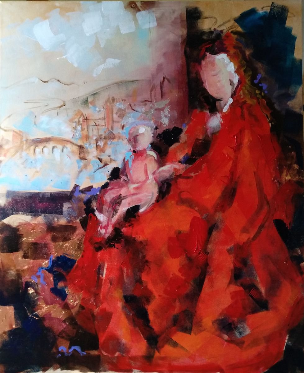 Expressive Portrait Acrylic Painting By Marina Del Pozo, 39 X 47", Madonna 21, Original Artwork