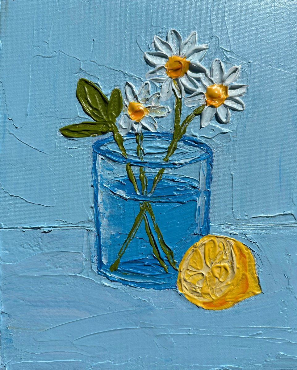 Impressionistic Still Life Acrylic Painting By Guzaliya Xavier, 8 X 10, Lemon And Daisies, Original Artwork