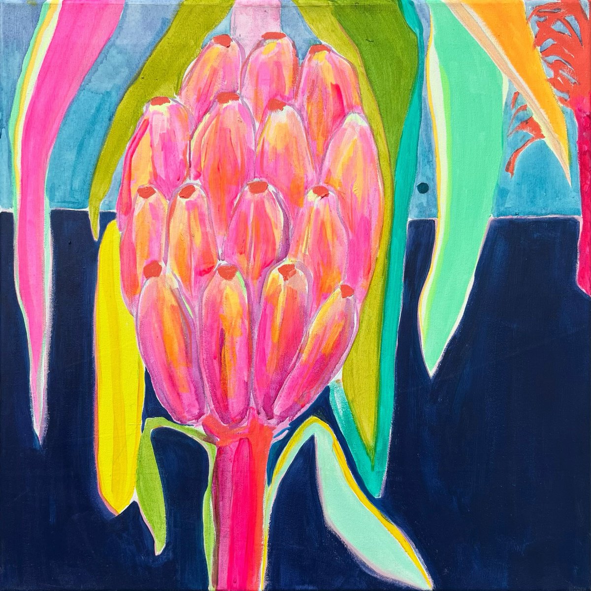 Organic Botanical Acrylic Painting By Kathryn Sillince, 22 X 22", Pink Bananas At Dusk Study, Original Artwork