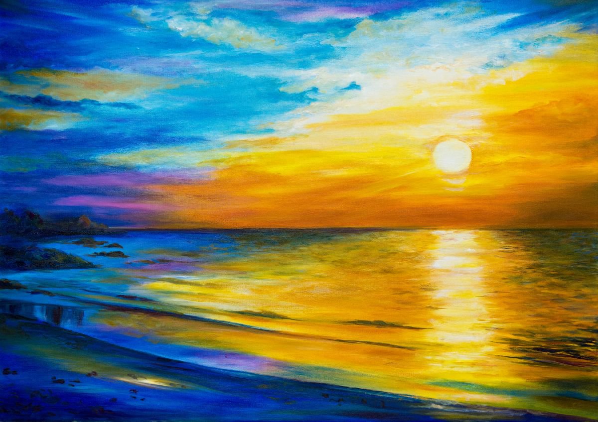 Impressionistic Landscape Oil Painting By Galyna Shevchencko, 28 X 20, Sea Sunset, Original Artwork