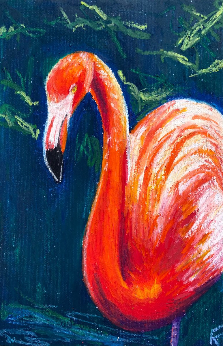 Flamingo Panting, Original Oil Pastel Drawing, Bird Illustration, Impressionist Wall Art by Kate Grishakova